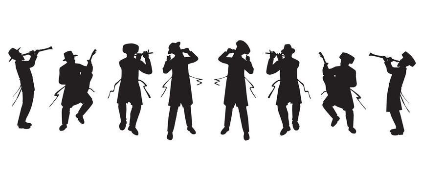 Jewish followers dancing, playing and singing.
Flat vector silhouettes. Black on a white background.
The figures are dressed in long coats and sashes fluttering to the sides as they move