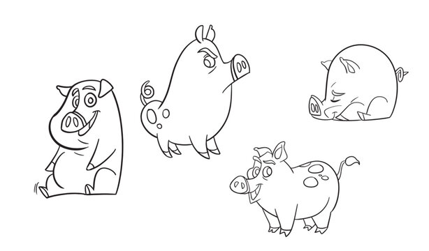 A set of pigs. Coloring book. Doodle style. Outline vector illustration for coloring book. Vector sheet icon.cute little pig with spots of mud, black and white line drawing.
