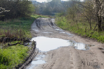 Mud, puddles, a country road after rain. Soggy ground.