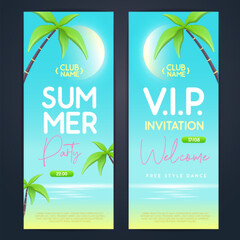 Summer disco party typography poster with 3D plastic palm trees and tropic landscape. Invitation design. Vector illustration