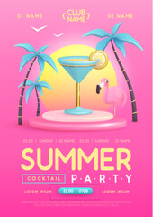 Summer cocktail disco party poster with 3D plastic cosmopolitan cocktail, palm trees and flamingo. Vector illustration