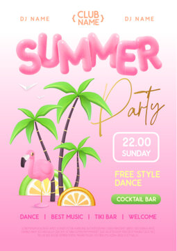 Summer disco party poster with 3D plastic text, palm trees and flamingo. Summer background. Vector illustration