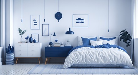 Cama con sábanas azules en dormitorio contemporáneo con diseño minimalista - obrazy, fototapety, plakaty