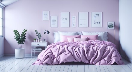 Cama con sábanas rosas en dormitorio contemporáneo con diseño minimalista - obrazy, fototapety, plakaty