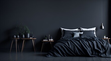 Cama con sábanas negras en dormitorio contemporáneo con diseño minimalista - obrazy, fototapety, plakaty