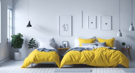 Cama con sábanas amarillas en dormitorio contemporáneo con diseño minimalista - obrazy, fototapety, plakaty