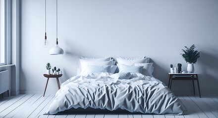 Cama con sábanas blancas en dormitorio contemporáneo con diseño minimalista