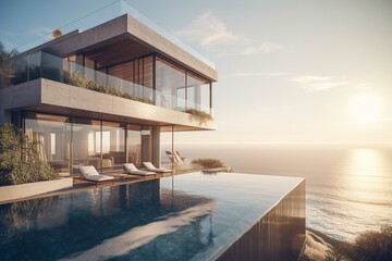 Fototapeta na wymiar Contemporary building with pool & terrace overlooking sea for family trip. 3D render. Generative AI
