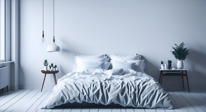Cama con s&aacute;banas blancas en dormitorio contempor&aacute;neo con dise&ntilde;o minimalista