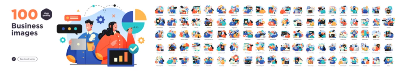 Gardinen Business Concept illustrations. Mega set. Collection of scenes with men and women taking part in business activities. Vector illustration © stonepic