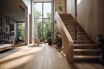 Interior featuring hardwood floors, a wall, and natural light. Generative AI