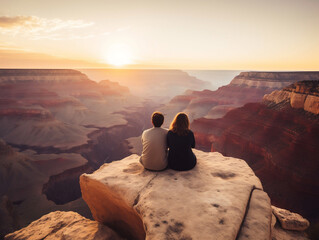 Living couple watching the sunset over the grand canyon