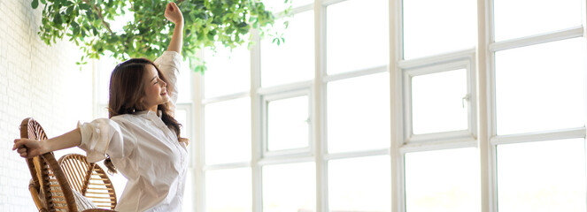 Portrait of smiling beauty pretty asian woman comfortable fresh healthy smile happy and relax in...