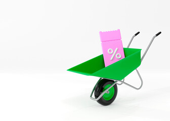 3d metal green garden wheelbarrow  with coupon voucher on white background with shadow. Realistic farming cart with discount sign. 3d rendering illustration.