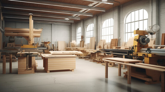Modern wood workshop with different machinery