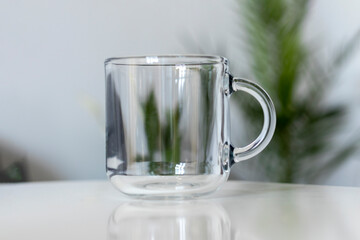 Empty transparent cup in close-up against the background of houseplants