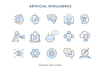 Artificial Intelligence Line Editable Icons set. Vector illustration in modern thin line style icons of AI technology and possibilities, machine learning, smart robotics. Pictograms and infographics