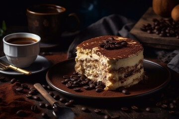 Delicious appetizing tiramisu cake with savoiardi sticks and coffee cream. World famous dessert. Generative AI.