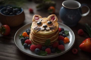 Fototapeta na wymiar Pancakes with fruits, blueberries and strawberries with a cat shaped buiscit or pancake on top. Creative kids meals, sweet breakfast. High quality photo