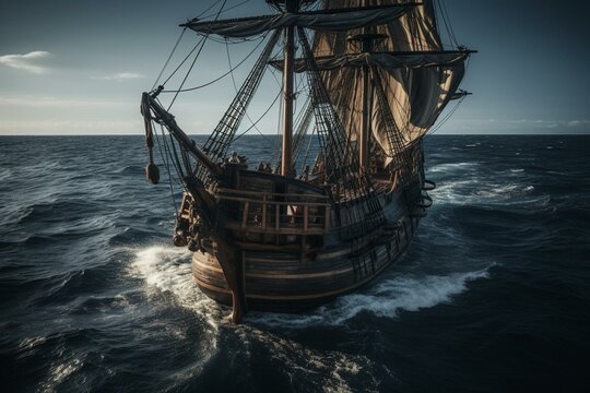 An image of a vessel used by pirates at sea. Generative AI