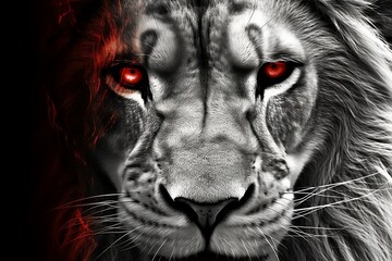 Close-up of Black and White Lion with Red Eyes - Generative ai