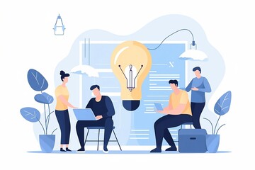 Flat Style Collaboration: Teamwork and Business Ideas with Lightbulb - Generative ai