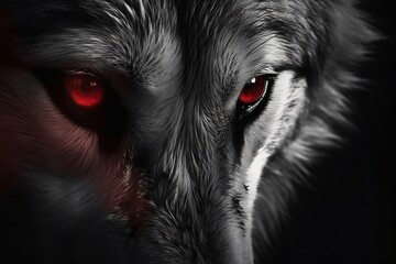 Black and white closeup of a wolf red eyes - Generative ai - obrazy, fototapety, plakaty