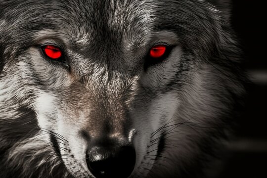 Monochrome Wild wolf with red eyes staring intensely at the camera - Generative ai