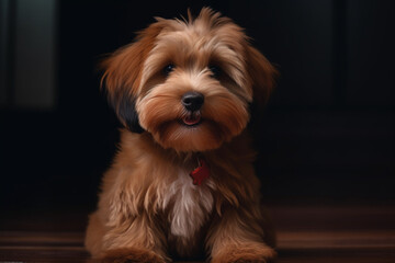 Portrait of a happy havanese puppy on a dark background. High quality photo