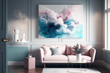 Interior of modern living room with pink sofa, coffee table and abstract painting on wall