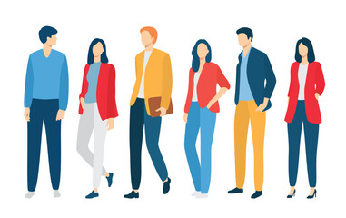Fototapeta premium Set of young men and women, different colors, cartoon character, group of silhouettes of standing business people, students, the design concept of flat icon, isolated on white background