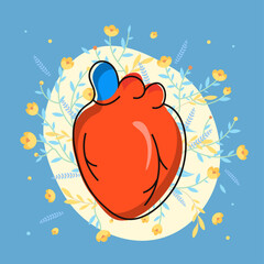 Cartoon drawing of a red heart with a blue pill on the top and flowers arounf