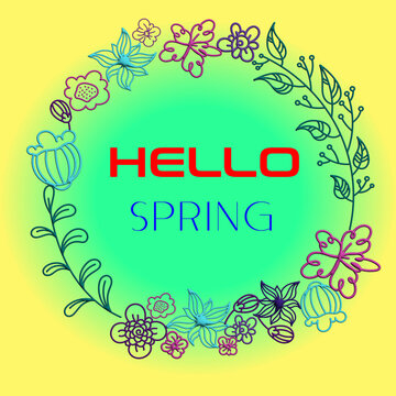 HELLO-SPRING image with many flowers arranged in a circle on a soft gradient background