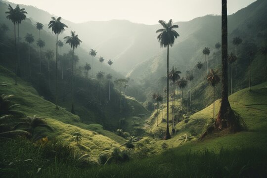 The Quindio wax palm grows in Colombia's Cocora Valley, home to stunning tropical highland scenery near Salento. Generative AI