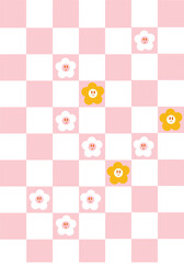 Pink Checkered retro pattern with flowers.