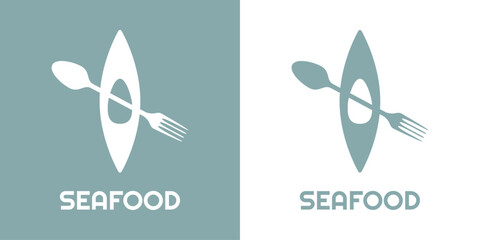 Logo restaurante con texto Seafood y silueta de kayak o canoa con tenedor y cuchara cruzados con forma de remo
