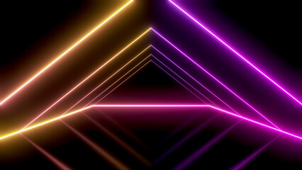 Abstract triangle neon light background. technology glowing stage, podium. 3D illustration.