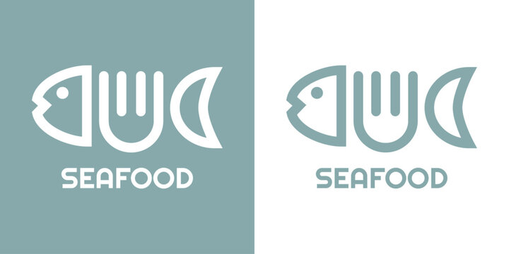 Logo restaurante con texto Seafood con cabeza y tenedor como espina de pescado lineal