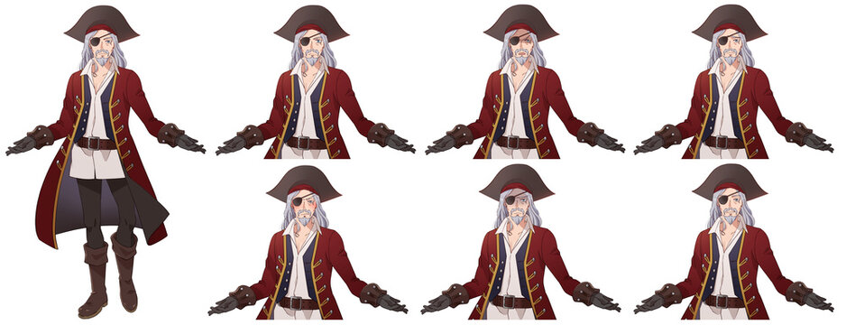 眼帯を付けた海賊の船長風男性の全身立ち絵、表情セット