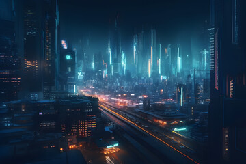 Neon Futuristic City with Highway