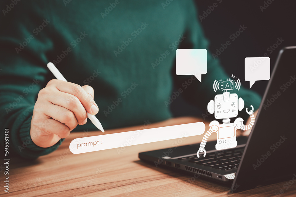 Poster Chat with Ai. Adult man chatting with a smart AI or artificial intelligence using an artificial intelligence chatbot developed. Futuristic technology transformation. Chatbot, Artificial intelligence.