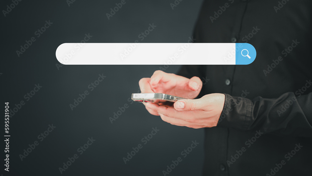 Aufkleber Man using a mobile phone searching browsing internet data information. Business concept for smartphone using search with your website. Search Engine Optimization SEO Networking Concept.