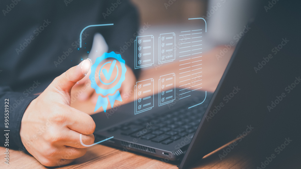 Poster client man touching the virtual screen assessment sign of the top service quality assurance on compu