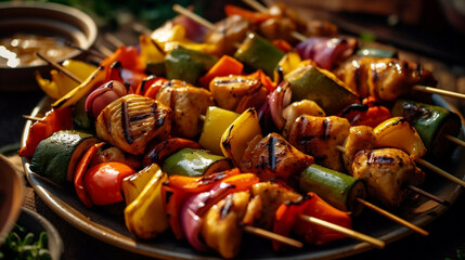 A grilled chicken and vegetable kabob platter, featuring juicy chicken pieces and colorful vegetables like bell peppers and onions