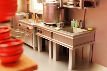 Restaurant kitchen with stainless steel equipment and furniture. Modern industrial kitchen. Cute Cartoon Style. 3d render illustration