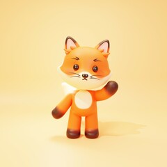Cute fox character in cartoon style, greeting standing pose isolated on yellow background. 3d render.