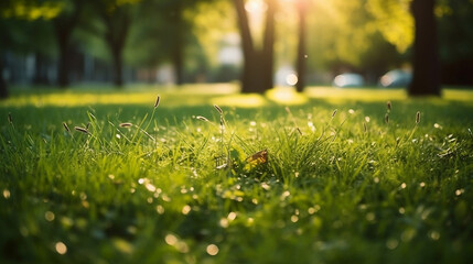 Fresh green garden grass lawn in spring, summer with bright bokeh of blurred foliage of springtime in the background and tree leaves in the foreground. Generative AI.