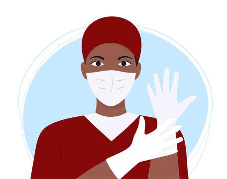 African American woman in a red nurse uniform. International Nurses Day. Operating room nurse. Surgeon  in uniform. Medical worker in a mask and 
gloves. 