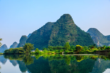 Landscape of Guilin, Li River and Karst mountains. Located near Yangshuo, Guilin, Guangxi, China.