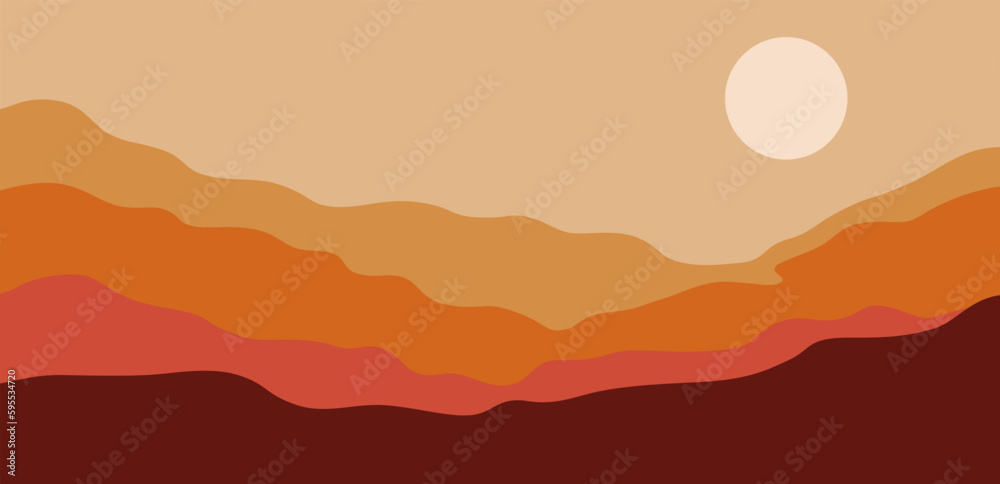 Poster Vector illustration in simple flat style - boho abstract print - simple natural landscape with mountains and hills, horizontal banner